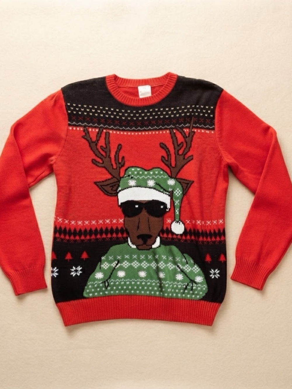 Well Worn Red Reindeer Graphic Crewneck Sweater with Green Accents
